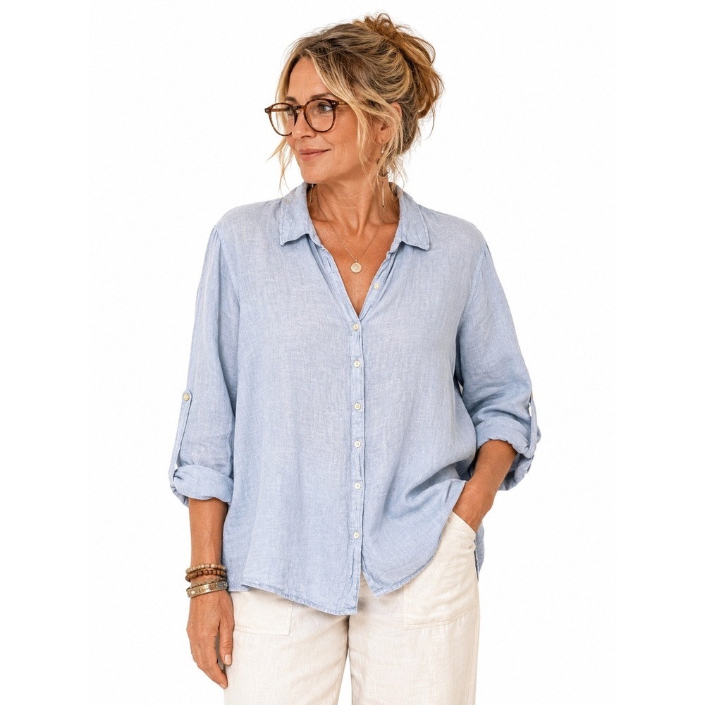 Sigrid Olsen 2X Light Blue 100% Linen Roll Tab Button Down Top Minimalist Beachy